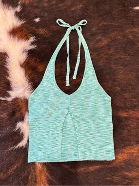 Garage Blue/Teal Ribbed Halter Crop Top